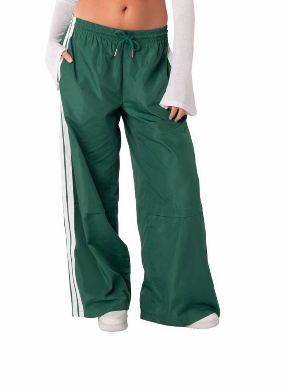 Edikted Forest Green Wide-Leg Track Pants with White Side Stripes